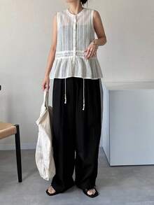 FRIFUL Women's Summer Casual Solid Color Hollow Out Knit Sleeveless Front Button Top - Apricot - View 6