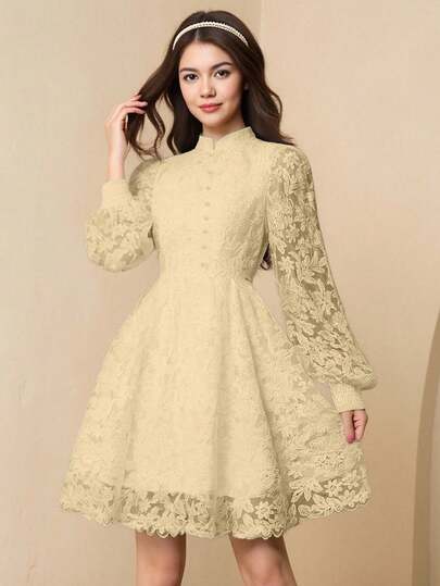 Vestido elegante y lujoso de manga farol de encaje blanco con ajuste ceñido a la cintura y volantes abultados para niñas adolescentes