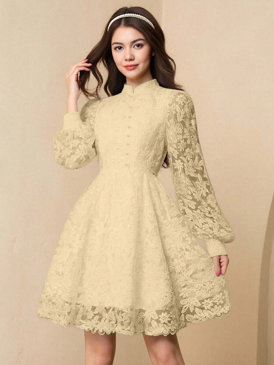 Teen Girl Elegant Elegant Luxurious White Lace Lantern Sleeve Long Sleeve Waist Snug Fit Gorgeous Ruffle Puff Dress For Teenage Girls - Apricot - View 1
