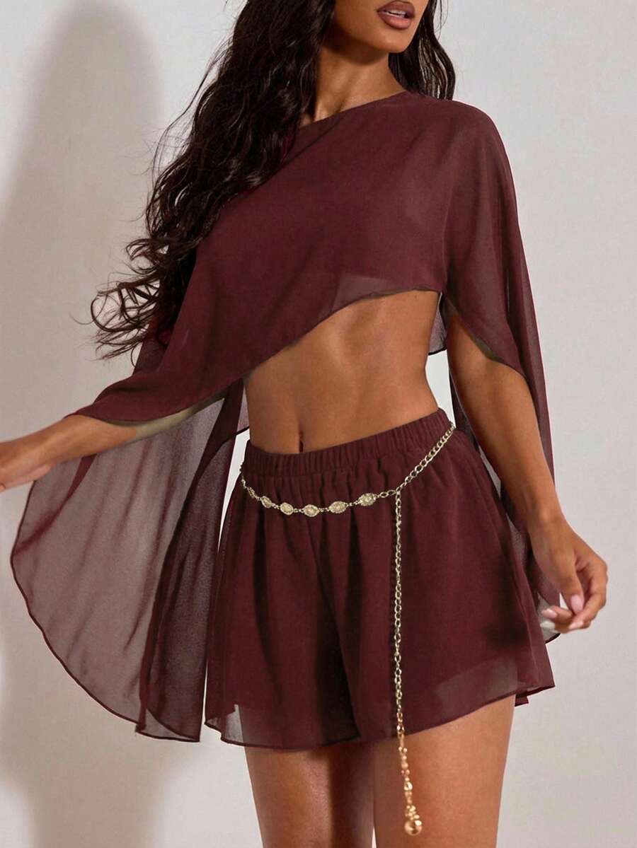 Opulessa Woven Printed Cropped Loose Shirt & Mini Skirt 2 Pieces Set For Women - Burgundy - View 1