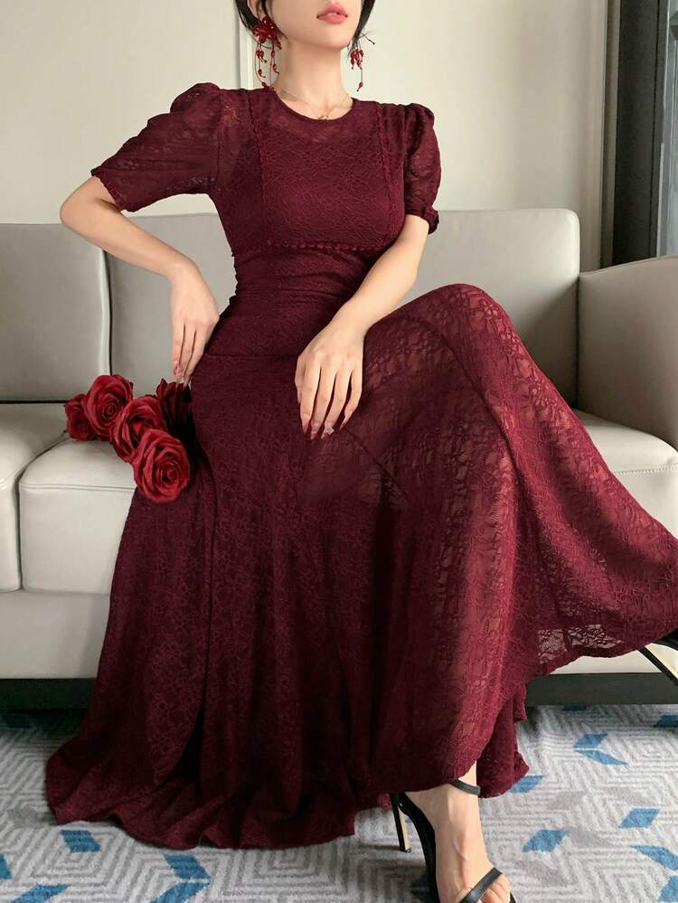 Women's Round Neck Lace Waist Fit Elegant Mermaid Midi Dress Sundress