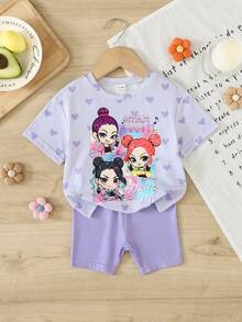 SHEIN Bộ 2 món cho bé gái, áo thun cổ tròn tay ngắn in hình trái tim và hoạt hình, kèm quần short, dễ thương và thời trang. - Màu tím - Xem 10