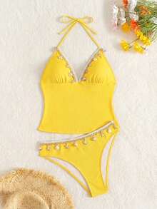 Swim Mod Hàng mới về: Áo hai dây và bikini màu xanh dương gợi cảm kiểu Âu và Mỹ, trang trí vỏ sò, đồ bơi tôn dáng cho nữ, thích hợp cho kỳ nghỉ biển. Bộ bikini màu vàng, trang phục đi biển cho nữ, bộ tankini hai mảnh. - Màu vàng - Xem 3