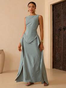 Vesra Conjunto de dos piezas sin mangas con cintura anudada para mujer - Gris - Ver 6