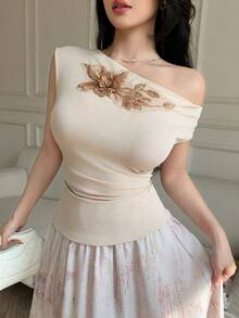 Celisse Apricot Shoulder Cutout Embroidered Floral Elegant Women T-Shirt - Apricot - View 1