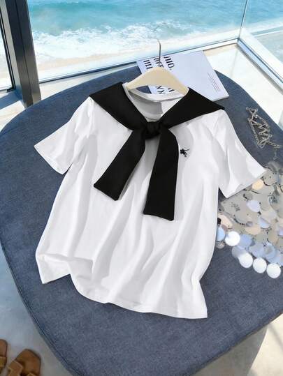 Women's Shawl Short Sleeve T-Shirt, Distinctive Contrast Color V-Neck Horse Embroidery Casual Vacation Tee, Spring/Summer