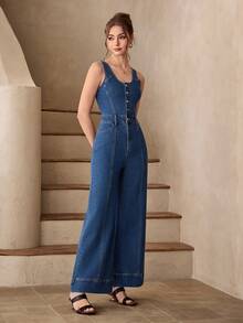Selenza Women's Casual Fitted Sexy & Elegant Denim Jumpsuit - Medium Wash - View 5
