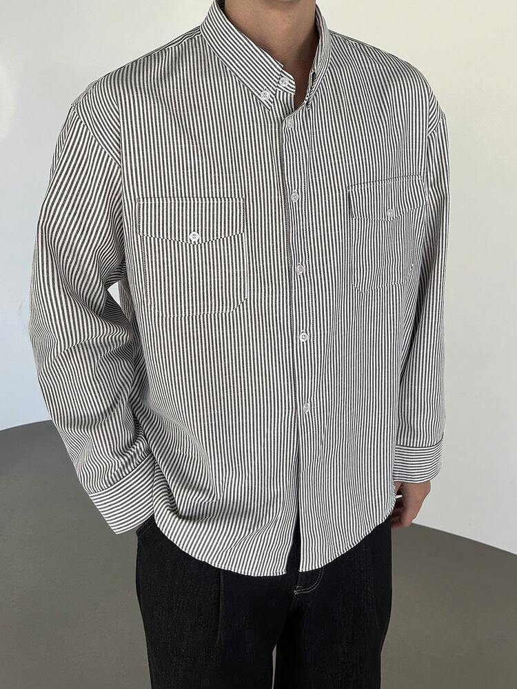 Multi-Color Striped Pocket Design Long Sleeve Shirt For Men, Spring