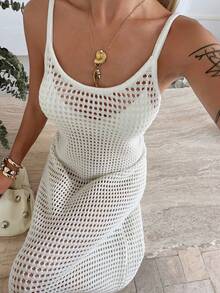 DAZY Hohlstrick-Trägerkleid für Frauen, elegantes Strandurlaubs-Kleid, einzigartiges, schönes langes Sommerkleid als Strandüberwurf für Bademode - Aprikosenfarben - Übersicht 1