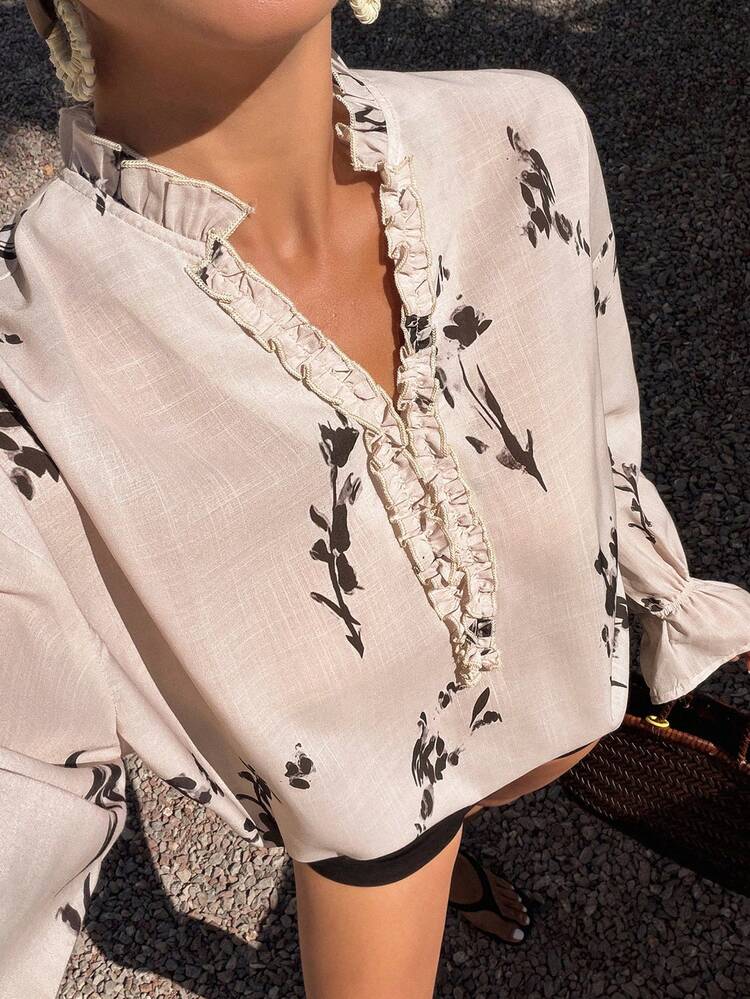 Floral Print Loose Pleated Ruffle Trim Long Sleeve Elegant Vacation Blouse For Women, Spring/Autumn