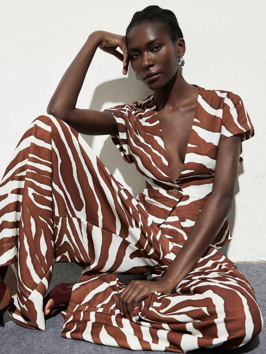 Aveloria Modichic Women's Deep V-Neck Zebra Print Short Sleeve Top And Wide Leg Pants, Suitable For Vacation, Party, And Daily Wear - Brown - View 1