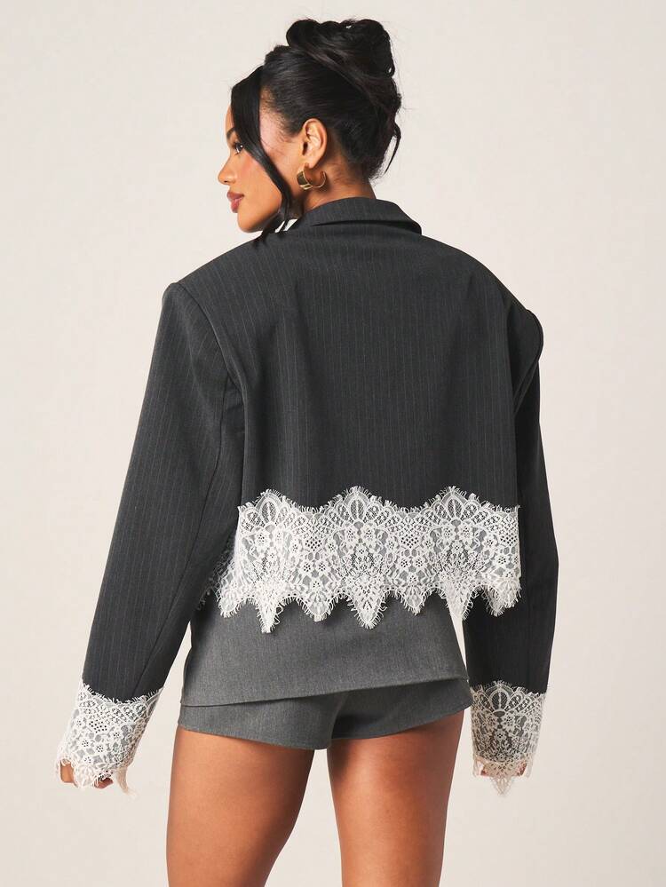 MISSGUIDED Blazer a righe con orlo e dettagli in pizzo sulle maniche, chiusura con bottoni, abbigliamento professionale da ufficio, giacca formale su misura