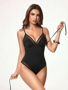 Shapewave Women's Summer Vacation Casual Beach Wear Solid Black Adjustable Strap One-Piece Swimsuit, Bikini Shapewear With Tie Waist - Black - View 4