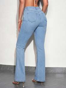 SHEIN SXY Casual Washed High Waist Slim Fit Flare Leg Jeans - Blue - View 3