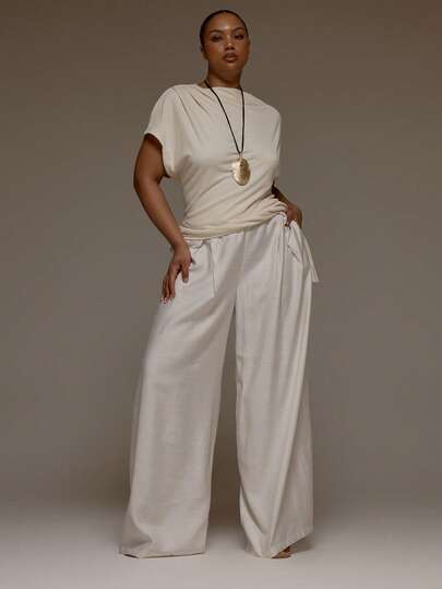 MUSERA Plus Size Wide Leg Pleat Detail Linwn Pants Trousers Spring Summer Easter Cute Vacation Holiday Everyday