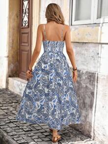 Brillora Đầm bodycon xẻ tà, họa tiết retro, dệt kim, thích hợp cho kỳ nghỉ của phụ nữ. - Màu xanh lam - Xem 2