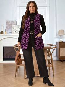 Miaspire Plus Size Women's Fall/Early Spring Casual Fashion Vacation Leopard Print Pocket Open Front Sleeveless Coat With Pocket, Casual For Early Spring, Simple And Fashionable For Everyday Wear, Going Outs, 2026 New, Simple And Fashionable For Everyday Wear, Spring For Women, Sleeveless Cardigan, Vacations Women, Holidays For Women, Spring Women, Spring/Summer/Vacation, Commute, Daily Wear - Purple - View 7