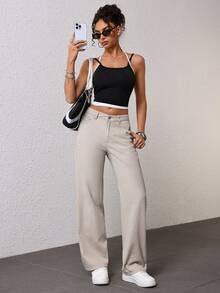 SHEIN EZwear Women's Pocket Button Casual Versatile Daily Wear Wide Leg Jeans - Light Grey - View 6
