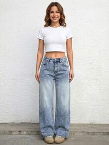 SHEIN ICON Quần jeans ống đứng dáng thường ngày cho nữ, kiểu dáng wash. - Rửa nhẹ - Xem 3