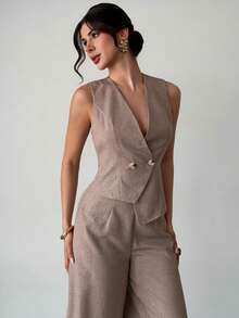 Firerie 女士优雅休闲简约通勤办公日常度假V领无袖不规则下摆金属扣卡其色马甲和高腰阔腿直筒裤两件套，通勤工作服套装，端庄得体，机场穿搭，度假穿搭，教师装，老派风格两件套 - 卡其色 - 查看 6