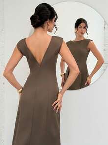 Firerie Women's Elegant Casual Everyday Office Commute Dress, Brown Boat Neck Cap Sleeve Waist Gathered A-Line Dress With Pleated Skirt Design, Suitable For Spring/Summer, Commute, Elegant Vacation, Beach, Holiday, Teacher Outfit - Coffee Brown - View 6