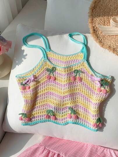 Comfortcana 女士 3D 樱桃装饰条纹镂空吊带针织上衣