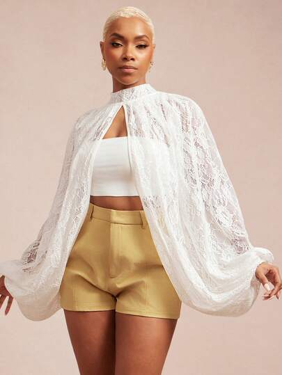 Vixey 薄纱蕾丝蝙蝠袖开衩下摆灯笼袖上衣