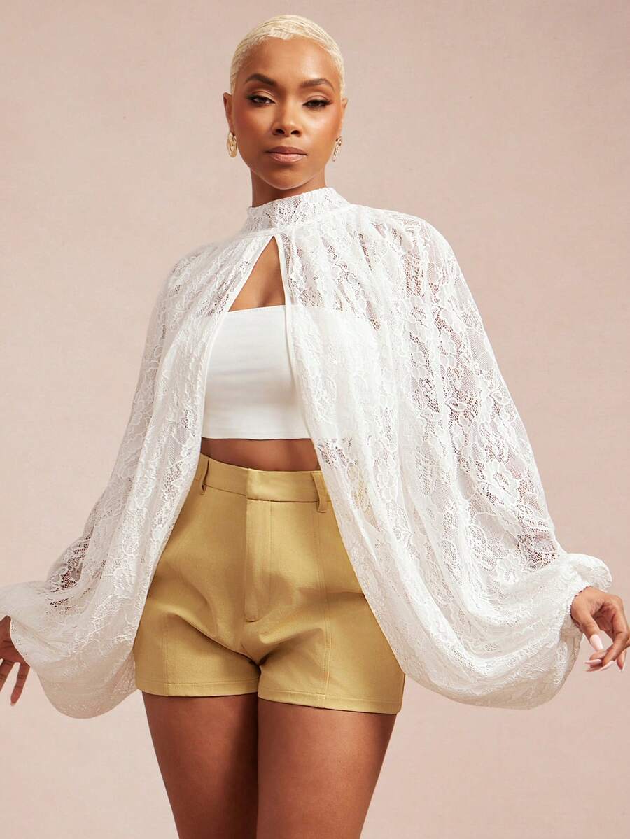 Vixey 薄纱蕾丝蝙蝠袖开衩下摆灯笼袖上衣 - 白色 - 查看 1