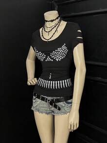 SHEIN Unity Star Print Hollow Out Short Sleeve T-Shirt, Casual Summer - Black - View 3