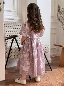 DAZY Vestido lindo con cuello redondo y mangas de pétalo bordado para niña joven - Morado - Ver 4
