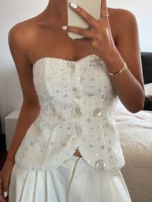 Livesso Holiday Easter Party Summer Vacation Sequin Decorated Cropped Camisole For Women - Silver - View 4