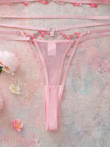 SHEIN 2件套加大码女士花卉刺绣网纱蝴蝶结装饰内衣套装 - 粉色 - 查看 6