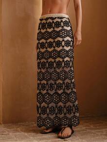 SHEIN Swim Chicsea 女士优雅新款镂空沙滩长裙，常规版型，夏季度假 - 黑色 - 查看 2