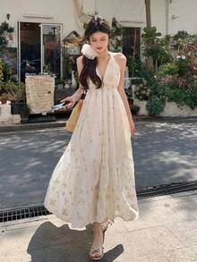 DAZY Đầm nữ cổ chữ V buộc dây kiểu Bohemian in hoa, đầm hè phong cách Boho. - trắng - Xem 5