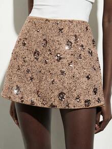 Aveloria Modichic Women's Elegant High-Quality Brown Sequin Embroidered Tweed Mini Skirt - Brown - View 1