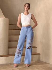 Selenza 女士花卉镂空刺绣高腰口袋阔腿宽松牛仔裤 - 藍色 - 查看 6