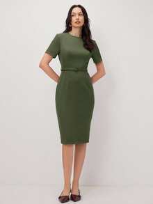 BizChic 女士短袖中长连衣裙，都市通勤商务优雅夏季款 - 軍綠色 - 查看 7