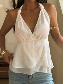 DAZY Camiseta sin mangas con cuello halter en V profundo, bajo con volantes y unicolor, atuendo de crucero de verano para mujeres - Albaricoque - Ver 3