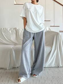 DAZY 女士休闲宽松印花T恤和直筒裤两件套，夏季 - 白色 - 查看 3