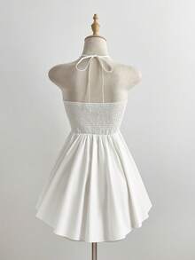 Elamini 女士纯色露背系带褶皱优雅收腰迷你连衣裙，适合约会和派对。女士连衣裙，女士夏季连衣裙，100%纯棉，女士夏季套装，白色夏季连衣裙，女士服装连衣裙，护士服，纯棉高品质连衣裙，露背连衣裙 - 白色 - 查看 2