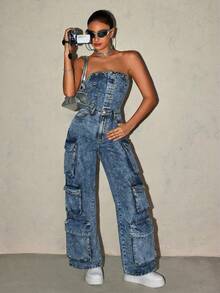 SHEIN ICON Women's Fashionable Strapless Denim Jumpsuit For Summer - Blue - View 3