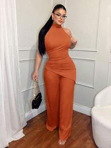 SHEIN SXY Women's Solid Color Casual Commuter Halter Top And Pants Set - Orange - View 4