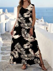 EMERY ROSE 女士热带印花V领无袖宽松沙滩度假连衣裙，夏季休闲款 - 彩色 - 查看 2