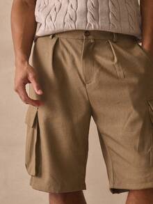 Musero Long Line Baggy Button Fastening Double Side Pleats And Side Patch Cargo Style Pocket Shorts Utility Bottoms Spring Summer Essentials - Khaki - View 5