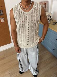 STEELVANCE Men's Crochet Hollow Studded Beading Technique Streetwear Tank Top,Spring/Summer,Vacation Men Mesh Top Men Tank Top Sweater Men Knit Top Men Crochet Top Men Summer Tank Top - Apricot - View 4