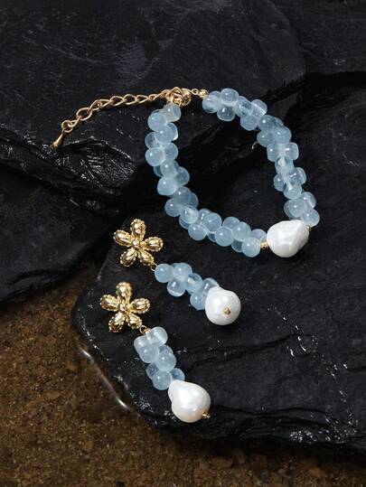 Opalesca Bộ trang sức mạ vàng 18K đính đá ngọc trai hình dáng đặc biệt, không đều, kiểu dáng đại dương, cao cấp/thanh lịch/sang trọng/đeo hàng ngày/tối giản, ngọc trai/pha lê, dành cho mẹ/phụ nữ/bé gái/người mẹ, mùa hè/bãi biển/lễ hội/tiệc tùng/kỳ nghỉ/du lịch, lễ đính hôn/đám cưới/lời hứa, cô dâu, hình trái tim/hoa, phong cách cổ tích/nàng tiên cá.
