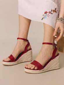 Styleloop Giày sandal đế xuồng buộc dây màu trơn đa năng dành cho nữ, thích hợp đi làm, đi nghỉ mát và du lịch. - Màu đỏ - Xem 5
