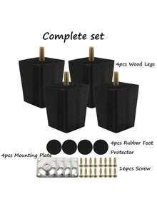 Bộ 4 chân gỗ vuông màu đen, chân ghế sofa bằng gỗ nguyên khối, chân thay thế cho đồ nội thất, thích hợp cho ghế sofa, tủ, bàn đầu giường, ghế, v.v. - màu đen - Xem 4