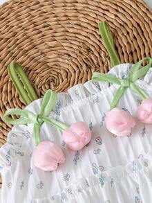 SHEIN Genkimix Kids Genkimix 女童 2 件套花卉 3D 装饰吊带背心 + 纯色直筒裤，休闲时尚 - 白色 - 查看 2