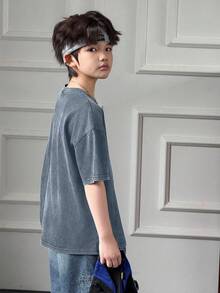 DAZY Áo thun tay ngắn cổ tròn in khẩu hiệu dành cho bé trai tuổi teen, kiểu dáng thường ngày, đa năng. - Màu xanh lam - Xem 5